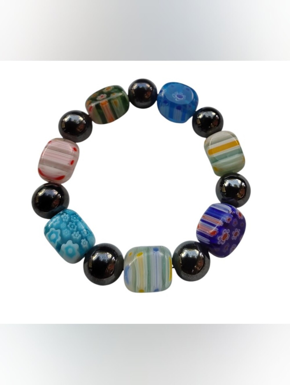 Multicolor Magnetic Glass Bead Stretch Bracelet - Black Accent Beads